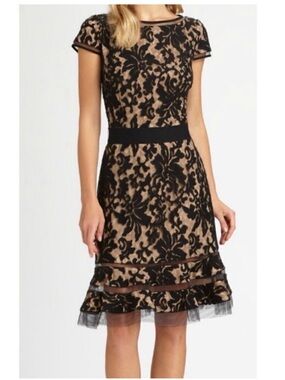 Tadashi Shoji Embroidered Lace Sheer Illusion Flounce Skirt Dress | 6